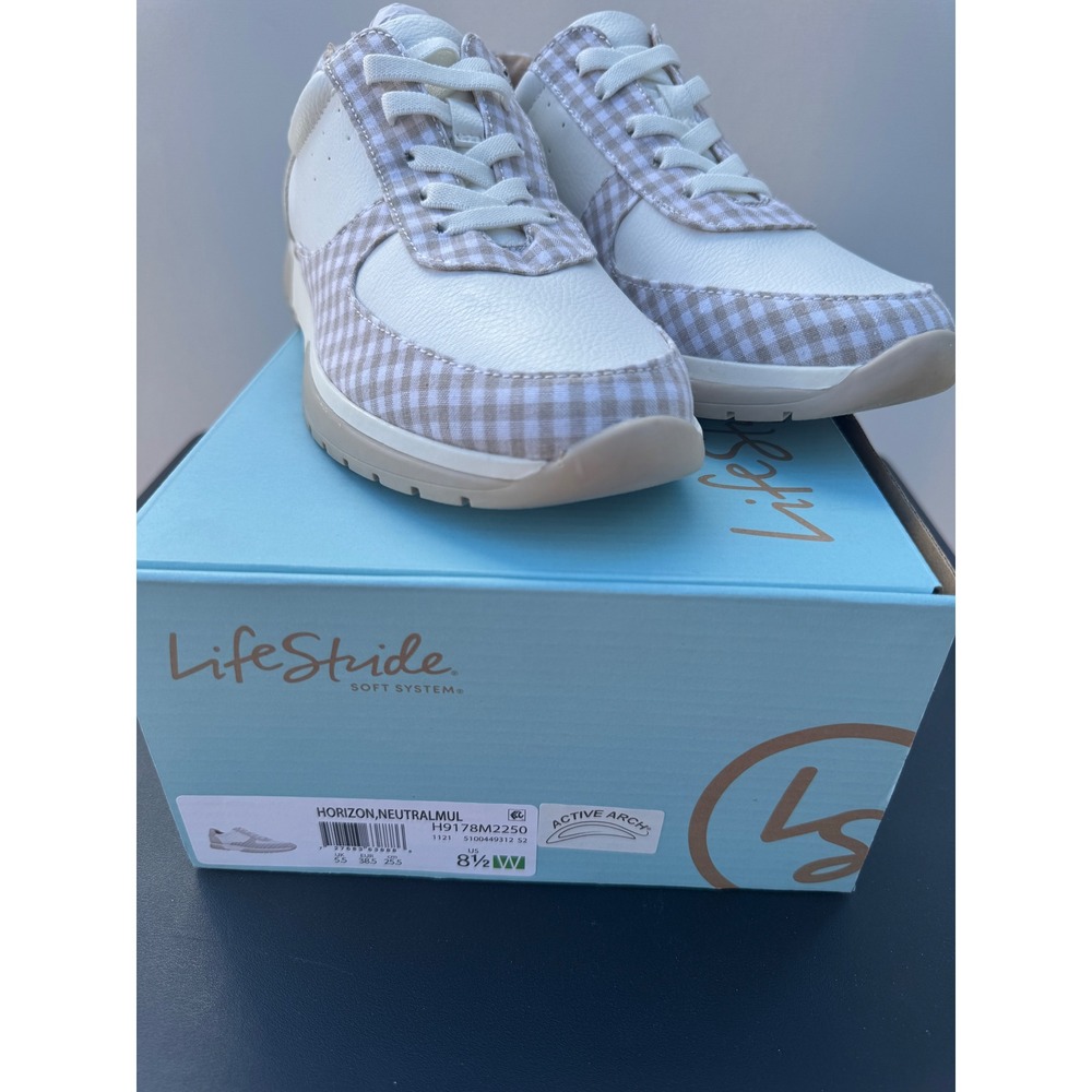 LifeStride Horizon Neutral Multi Sneakers Women's‎ 8.5W Wide Gingham Active Arch